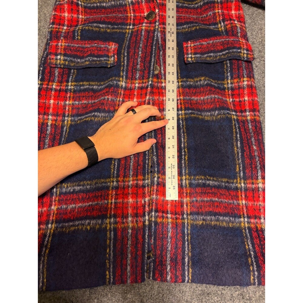 Old Navy Women's Plaid Tartan Long Overcoat Navy Red Wool Blend Size M - Picture 7 of 7
